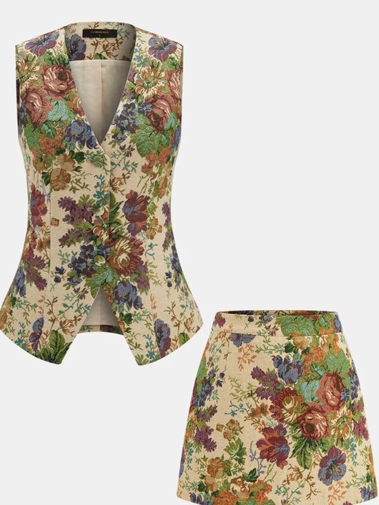 Commense Dresses & Skirts - Floral Print Vest & Mini Skirt Set